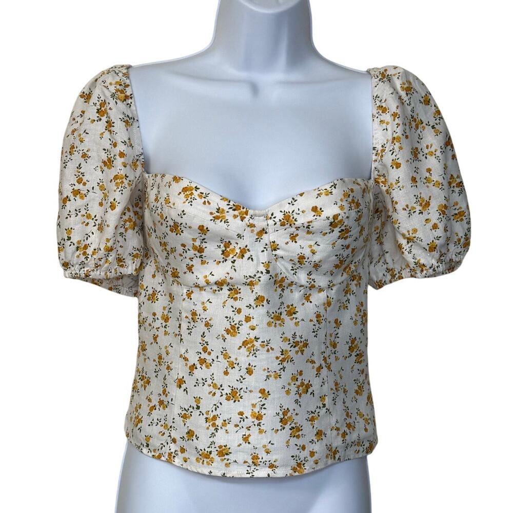 Reformation Floral Puff Sleeve Blouse - White and Yellow